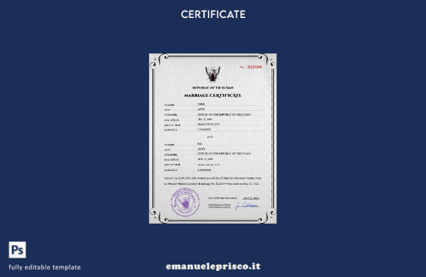modello PSD di certificato di matrimonio sudanese in stile verificato